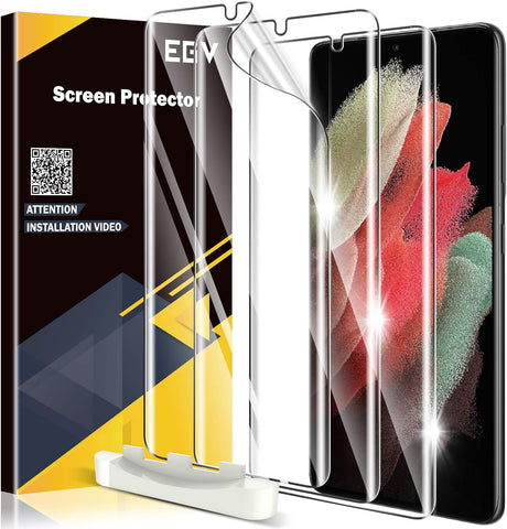 EGV 3 Pack Screen Protector Compatible for Samsung Galaxy S21 Ultra 6.8-inch, HD Clear Flexible Film, Positioning Tool, Support Fingerprint, Bubble Free, Model No. ZU